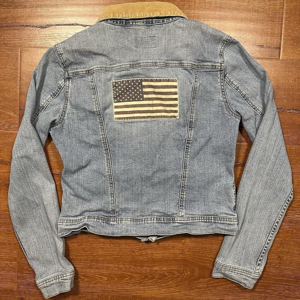 Vintage Ralph Lauren Polo Jeans Co Denim Jacket Women M USA Flag Corduroy Collar